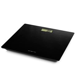 EMERIO Digital personvåg med exakta sensorer, step-on-teknik, inkl. 2 x AAA-batterier, LC-skärm, enheter i kg/lb/st, upp till max. 180 kg, ultratunn, automatisk avstängning, glas svart, 28 x 28 x 2 cm