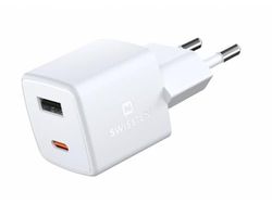 Swissten Mini reislader met GaN-technologie en Qualcomm snel opladen, Power Delivery 30W, 1x USB-C, 1x USB, afmetingen 3x3x3cm, compatibel met iOS en Android smartphones - wit