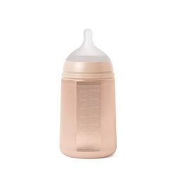 Suavinex, Biberon avec Bouteille en Silicone et Tétine Symétrique SX Pro, Souple et Flexible, avec Valve Anti-colique, Biberon à Debit Moyen (M), pour Bébés +3 Mois. Colour Essence, Nude
