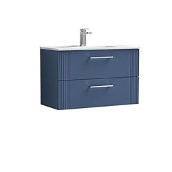 nuie DPF395B Deco Modern Bathroom Wall Hung 2 Drawer Part Fluted Vanity Basin Unit with Minimalist Ceramic Basin, 800mm, Satin Blue