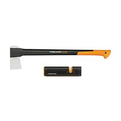 Fiskars Set Ascia, Ascia da Spacco con Fodero per la Lama e il Trasporto, 71 cm, Rivestimento Antiaderente, X21-L, 1,63 kg; Affilalama per Asce e Coltelli con Mola in Ceramica, Xsharp, 1019333