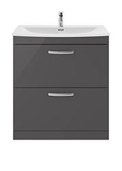 nuie ATH079G Athena Modern Bathroom Floor Standing 2 Soft Close Drawers Vanity Unit with Curved Ceramic Basin with 30mm Profile, 800mm, Gloss Grey