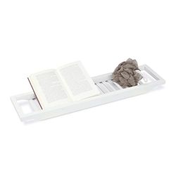 Relaxdays Bandeja de banheira, mesa de casa de banho, suporte, prateleira, saia, relax, bambu, 1 unidade, 5,4 x 67,8 x 16,6 cm, branco