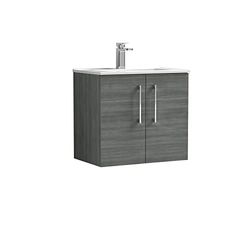 nuie ARN523B Arno Modern Bathroom Wall Hung 2 Door Vanity Unit with Minimalist Ceramic Basin, Anthracite