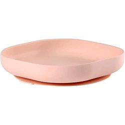 BÉABA, Assiette Ventouse pour Enfant, 100% silicone, matière douce et très resistante, Adhère table/tablette chaise haute, Languette permettant de soulever l’assiette, Compatible micro-onde, Rose