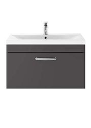 Nuie ATH080A Athena ǀ Modern Bathroom Wall Hung Contemporary Single Soft Close Drawer Vanity Unit with One Tap Hole Mid Edge Deep Ceramic Basin, 800mm, Gloss Grey, Manufactured Wood