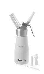 HENDI Siphon à chantilly, avec 3 douilles en polypropylène ainsi que 1 brosse de nettoyage, pour mousses, desserts et sauces, siphon à crème, 250ml, ø80x(H)200mm, aluminium, blanc