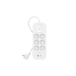 Belkin Listwa zasilająca z 6 gniazdami z ochroną przed przepięciem, montaż ścienny, 6 gniazd, kabel sieciowy 2 m, zielony wskaźnik świetlny, złącze USB-C i USB-A z USB-C PD do szybkiego ładowania;