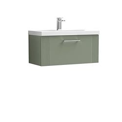 nuie DPF896D Deco Modern Bathroom Wall Hung 1 Drawer Part Fluted Vanity Basin Unit with Thin-Edge Ceramic Basin, 800mm, Satin Green