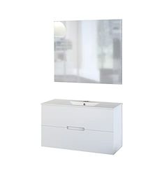 Baikal Conjunto de Mueble de Baño suspendido a la Pared, con Lavabo y Espejo, Dos cajones, Melamina 16, Blanco Mate, 100 X 55 X 46 cm, 280034345
