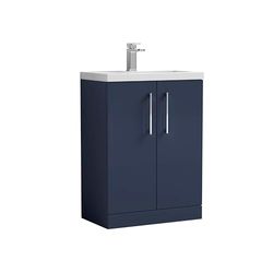 nuie PAL035 Arno Compact Modern Bathroom Floor Standing 2 Soft Close Door Cloakroom Vanity Unit with Polymarble Basin, 600mm, Midnight Blue