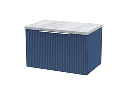 Hudson Reed DFF394LBG Fluted Modern Bathroom Wall Hung 1 Drawer Vanity Unit with Bellato Grey Laminate Worktop, 600mm, Satin Blue