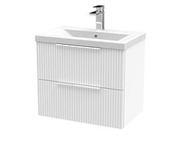 Hudson Reed DFF193A Fluted Modern Bathroom Wall Hung 2 Drawer Vanity Basin Unit with Mid-Edge Ceramic Basin, 600mm, Satin White
