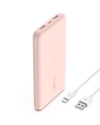 Belkin batería externa portátil de 10000mAh, cargador externo USB-C con 1 puerto USB-C y 2 puertos USB-A, power bank de 15W, batería portátil para iPhone, Galaxy, Pixel, AirPods, iPad y otros- Or rose