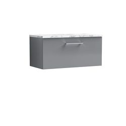 nuie ARN2225LCM Arno Modern Bathroom Wall Hung 1 Soft Close Drawer Vanity Unit and Carrera Marble Laminate Worktop, 800mm, Satin Grey