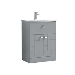 nuie Modern Bathroom Floor Standing 2 Door 1 Drawer Vanity Unit with Curved Ceramic Basin with 30mm Profile, 600mm, Satin Grey