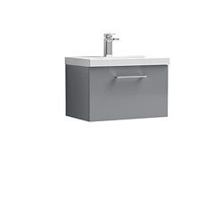 nuie ARN2222D Arno Wall Hung 1 Drawer Vanity Unit & Thin-Edge Ceramic Basin, 600mm, Satin Grey