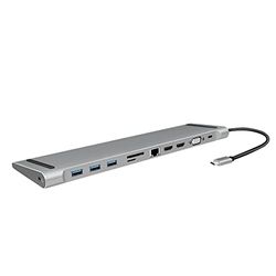 LogiLink UA0373 - Station d'accueil USB 3.2 (Gen 1) avec 11 Ports et PD (Power Delivery) 100 W, 3 Ports USB / 2 x HDMI / 1 x VGA / 1 x Lecteur de Carte / 1 x RJ45 / 1 x 3,5 mm/Noir, Argent