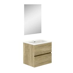 Baikal Bagno Onyx, 2 cassetti, sospeso a Parete, con lavabo in Ceramica. Mobile Montato, Melamina 16, 21, Natura, 60 cm