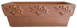 FIORIERA IN TERRACOTTA CON ULIVO IN RILIEVO, LUNGHEZZA CM. 48, LARGHEZZA CM. 20, ALTEZZA CM. 25 CASSETTA VASO IN COTTO NATURALE FATTA A MANO COCCIO