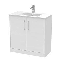 Hudson Reed JNU2105B Juno Modern Bathroom Floor Standing 2-Door Vanity with Minimalist Ceramic Basin, 800mm, Woodgrain White Ash