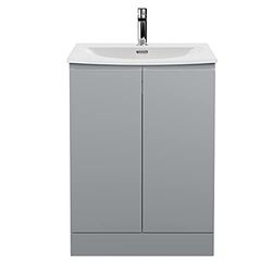 Hudson Reed URB208G Urban Modern Bathroom Floor Standing 2 Soft Close Doors Vanity Unit with Round Ceramic Basin with 30mm Profile, 600mm, Satin Grey