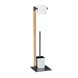 Relaxdays WC Accessories Set, Standing Toilet Paper, Replaceable Brush & Holder, 73x20x20 cm, Anthracite/natural, Wood