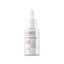 Korff 365 ansiktsserum SPF 50+, mycket högt solskydd, 8h fuktgivande, flytande textur, lämplig för alla hudtyper, förpackning med 30 ml