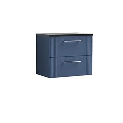 nuie DPF393LSB Deco Modern Bathroom Wall Hung 2 Drawer Part Fluted Vanity Basin Unit with Laminate Black Sparkle Worktop, Satin Blue