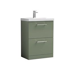 nuie ARN833A Arno Modern Bathroom Floor Standing 2 Drawer Vanity Unit with Mid-Edge Ceramic Basin, 600mm, Satin Green