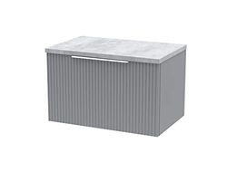 Hudson Reed DFF294LBG Fluted Modern Bathroom Wall Hung 1 Drawer Vanity Unit with Bellato Grey Laminate Worktop, 600mm, Satin Grey