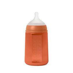 Suavinex, biberon in silicone da 240 ml, con tettrella in silicone SX Pro simmetrica, con valvola anticolica, biberon a flusso medio (M). Per bambini +3 mesi. Linea Colour essence. Orange Sunset