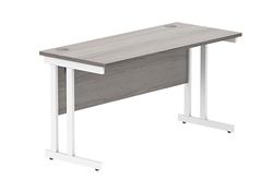 Office Hippo Essentials Bureau rectangulaire avec Gestion des Ports de câble, Cadre Blanc en chêne Gris de l'Alaska, W140 x D60 x H73cm