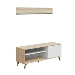 Homey Mueble de TV de Diseño Nórdico, 2 Compartimentos de Almacenamiento y 2 Puertas, Apto para Televisores de hasta 77 Pulgadas, Madera, Blanco-Roble, 50cm (Alto) x 135cm (Ancho) x 40cm (Fondo)