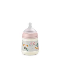 Suavinex, Flaska 150 ml; SX Pro symmetrisk sugflaska i långsam flödessilikon (S); med anti-kolisk ventil; ultratunn silikon; för nyfödda spädbarn, 0 månader; promenad rosa