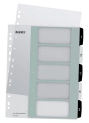 Leitz Index voor A4, 20 stuks, PC-beschrijfbaar afdekblad en 5 verdelers, tabs met cijferdruk 1-5, extra breedte, wit/zwart, polypropyleen, WOW, 12130000