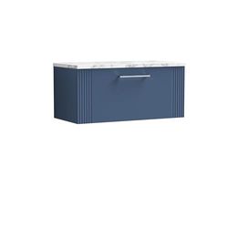 nuie DPF396LCM Deco Modern Bathroom Wall Hung Single Soft Close Drawer Vanity Unit and Carrera Marble Laminate Worktop, 800mm, Satin Blue