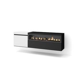 Skraut Home | Mueble TV | Televisión | Muebles de salón, almacenaje | 150x45x35cm | para TV hasta 65" | Chimenea eléctrica | Colgado, Suspendido | Estilo Moderno | Blanco y Negro