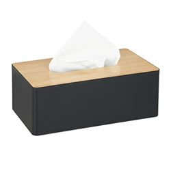 Relaxdays Tissue Box with Bamboo Lid, Refillable, Bathroom, Modern Dispenser, Plastic, 10 x 26 x 14 cm, Black/Natural