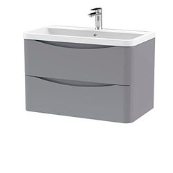 nuie LUN204 Lunar Modern Bathroom Wall Hung 2 Drawer Vanity Basin Unit & Polymarble Basin, 800mm, Satin Grey