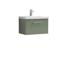 nuie ARN822A Arno Modern Bathroom Wall Hung 1 Drawer Vanity Unit with Mid-Edge Ceramic Basin, Satin Green