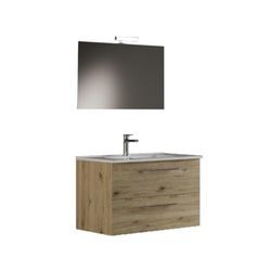 MaMa Store IRIS 100 - Mobile Bagno Sospeso IN KIT DA MONTARE 100 CM QUERCIA NATURALE con Lavabo, Specchio e Lampada LED, L.101 X P.47 X H.53 cm