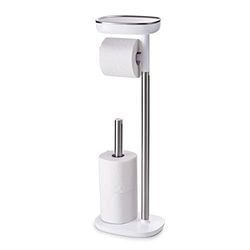 Joseph Joseph EasyStore - Portarrollos de papel higiénico sobre soporte, hasta 4 rollos, con estante para teléfono y compartimento para artículos sanitarios, Acero inoxidable