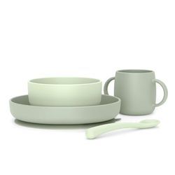 Suavinex, Babyservies van siliconen, met robuuste zuignap, incl. kom 350 ml + bord 400 ml + beker 240 ml + lepel, 4 maanden, Colour Essence, groen