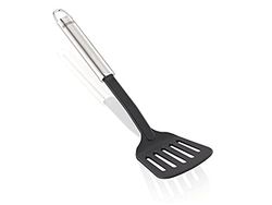 Leifheit Spatel nylon Sterling-serie, keukenhulp van roestvrij staal en hittebestendig nylon voor het koken zonder krassen, braadspatel met ovale handgreep en praktisch ophangoogje, zilver