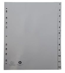 Exacompta - Ref. 1912E – Caja de 20 separadores gris de polipropileno reciclado con 12 pestañas impresas digitales de 1 a 12 – Tamaño A4 – Dimensiones 22,5 x 29,7 cm – Certificado ángel azul