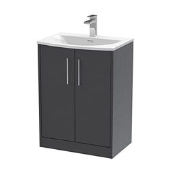 Hudson Reed JNU2203G Juno Modern Bathroom Floor Standing 2-Door Vanity with Curved Ceramic Basin, 600mm, Woodgrain Graphite Grey