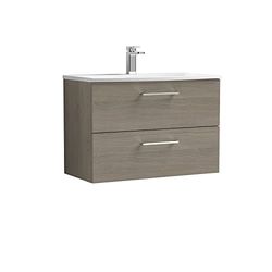 nuie ARN2526G Arno Modern Bathroom Wall Hung 2 Drawer Vanity Unit with Curved Ceramic Basin, Solace Oak