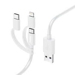 Hama Câble Multi USB Lightning (Cable de charge multi, 3en1, USB-A/micro-USB/USB-C, Lightning, 1 m, Certifié MFI, Câble USB universel iPhones iPads iPods Samsung Galaxy, Huawei, Xiaomi) Blanc