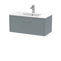 Hudson Reed JNU2325B Juno Modern Bathroom Wall Hung Single Drawer Vanity with Minimalist Ceramic Basin, 800mm, Matt Coastal Grey